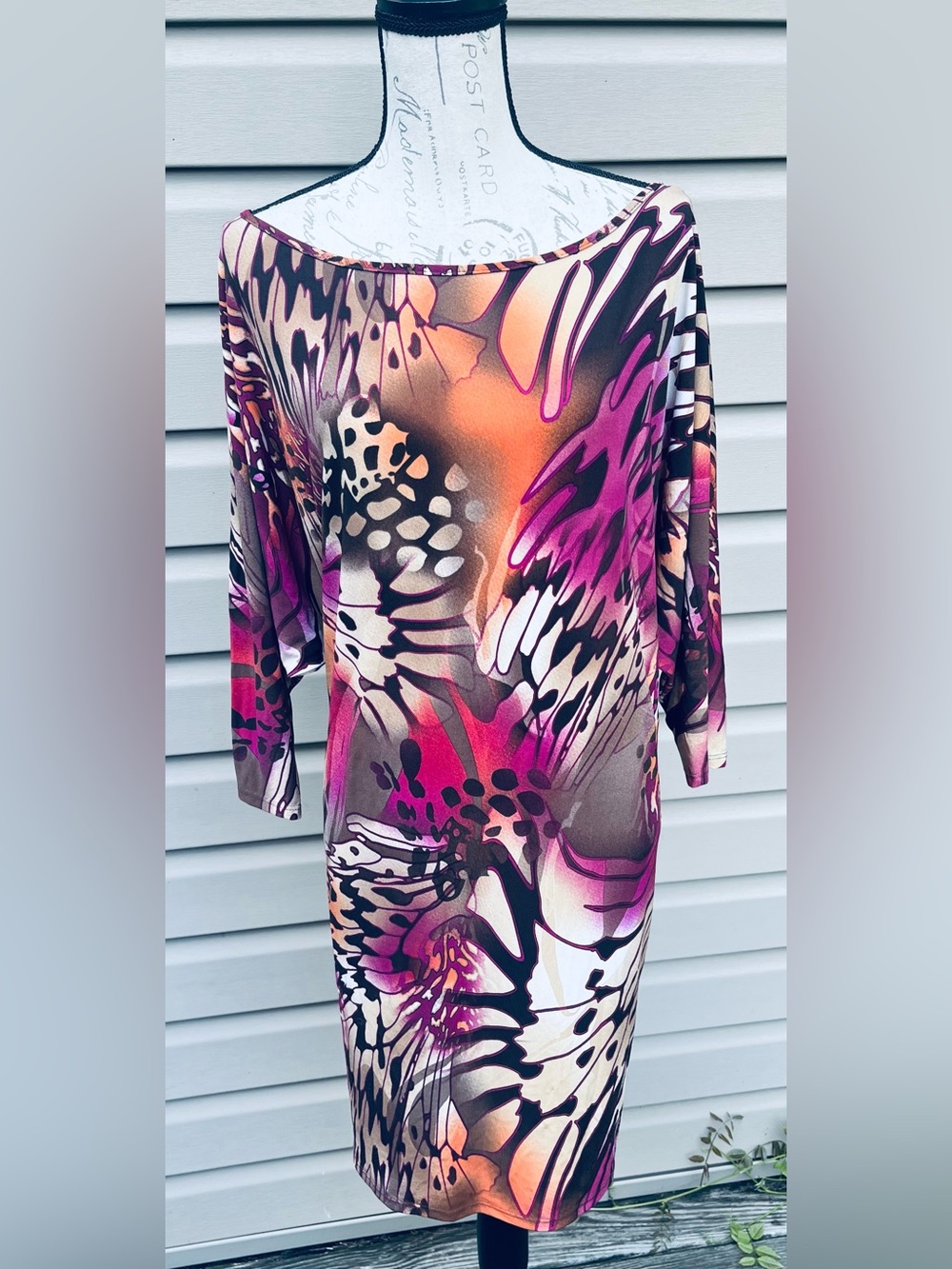 Womens Midi Dress in Pink & Orange Abstract Print
